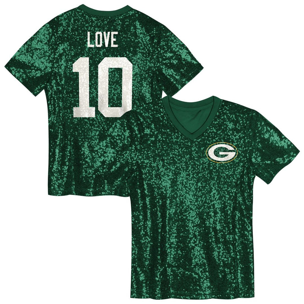 Jordan Love Green Bay Packers Girls Youth Sequin V-Neck Fashion Jersey - Green Official NFL Team Apparel Football Fan Gear