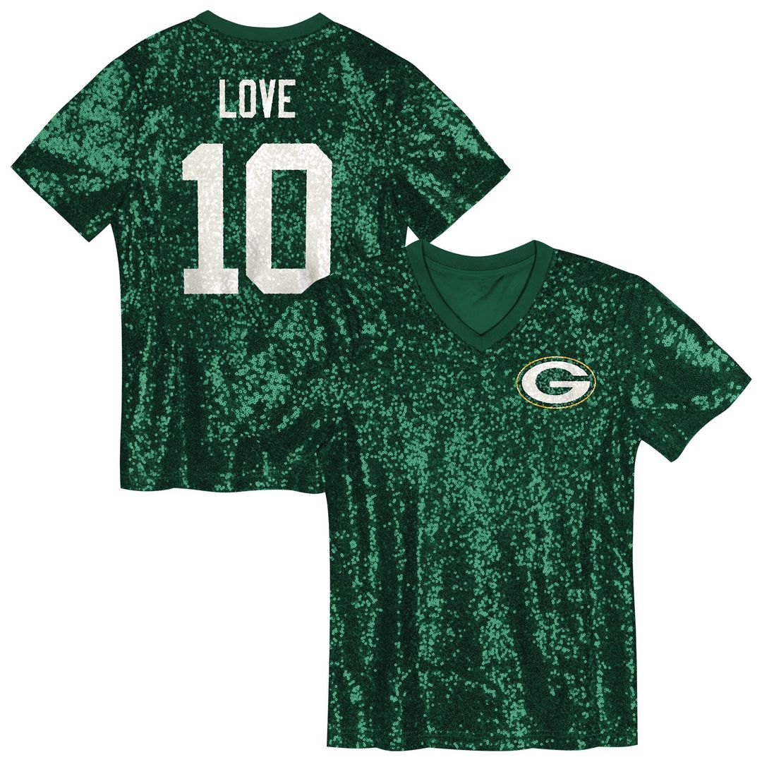 Jordan Love Green Bay Packers Girls Youth Sequin V-Neck Fashion Jersey - Green Official NFL Team Apparel Football Fan Gear