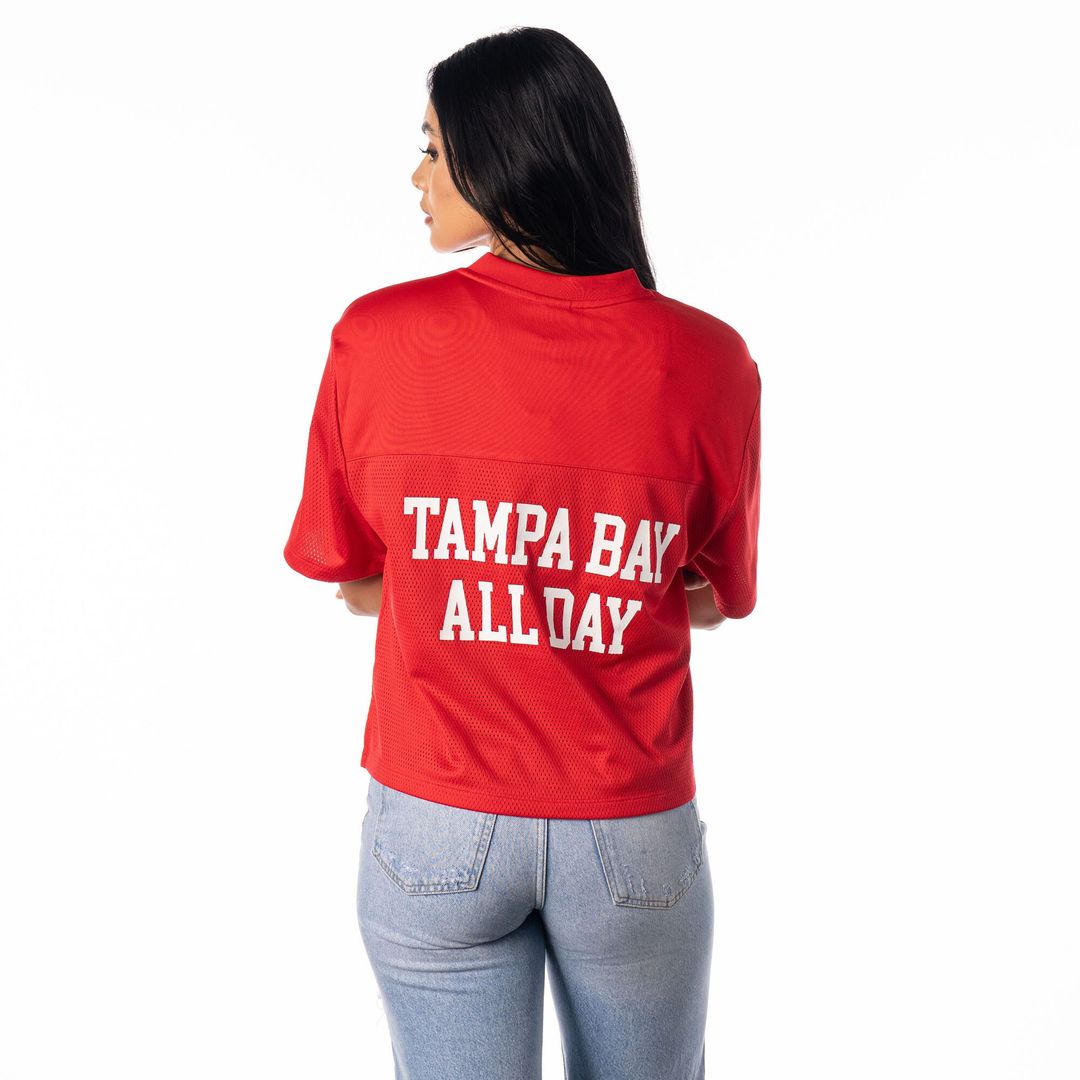 Tampa Bay Buccaneers The Wild Collective Women's Alternate V-Neck Fashion Jersey T-Shirt - Red Official NFL Team Apparel Football Fan Gear