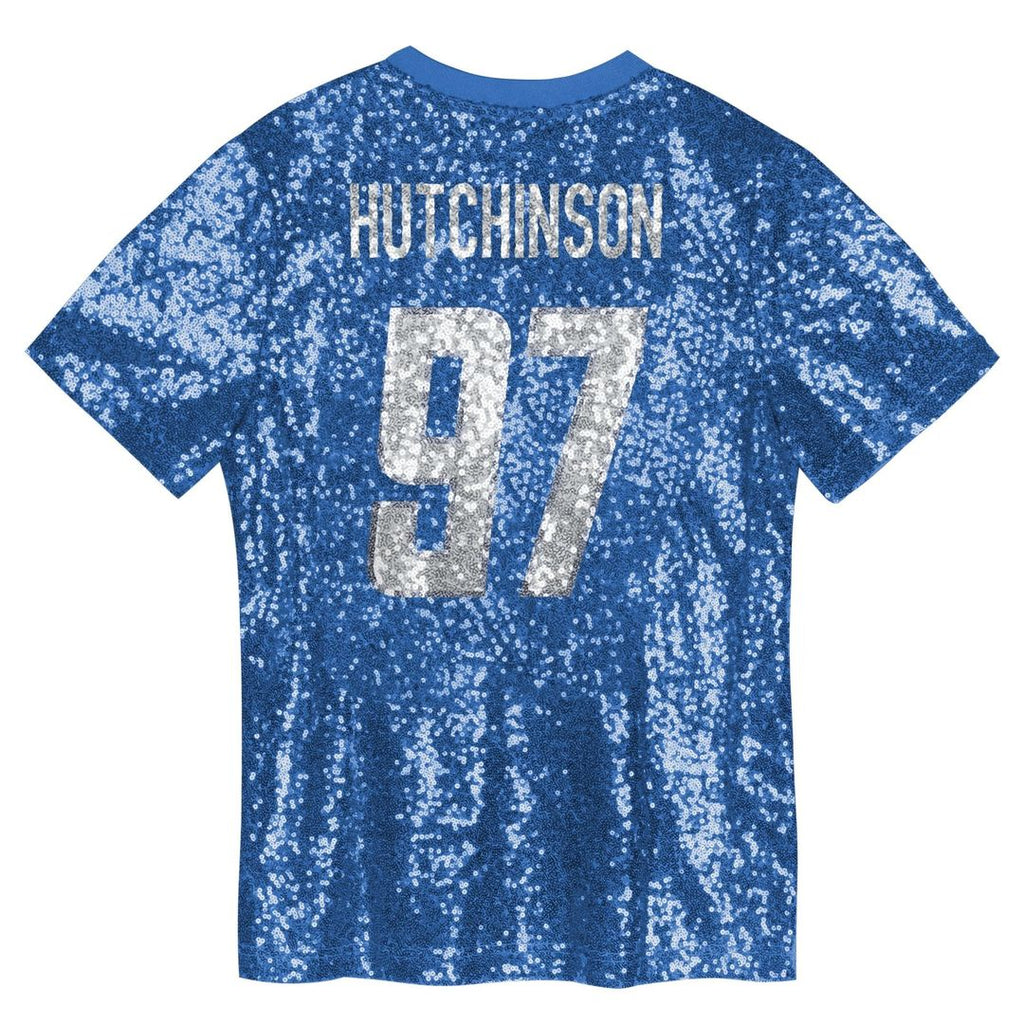 Aidan Hutchinson Detroit Lions Girls Youth Sequin V-Neck Fashion Jersey - Blue Official NFL Team Apparel Football Fan Gear