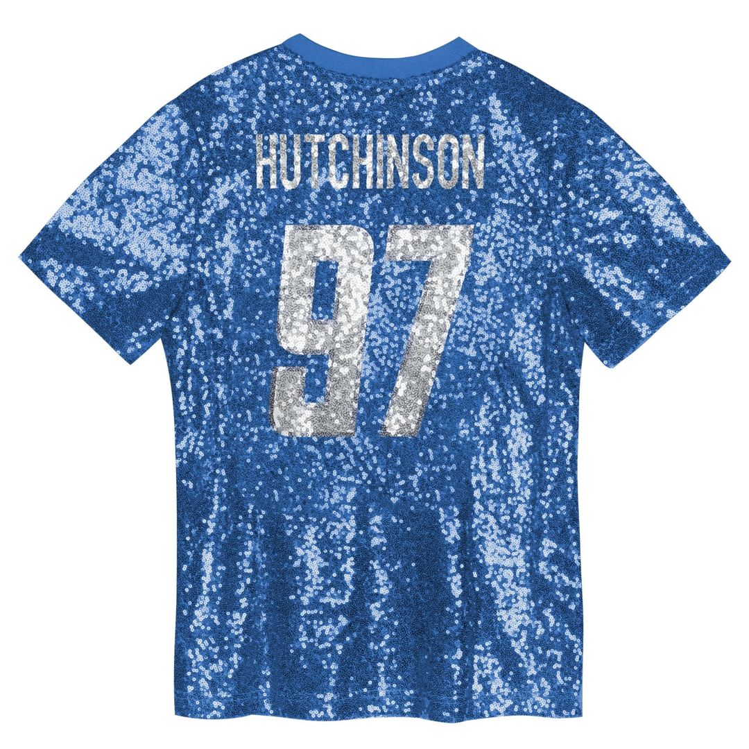 Aidan Hutchinson Detroit Lions Girls Youth Sequin V-Neck Fashion Jersey - Blue Official NFL Team Apparel Football Fan Gear