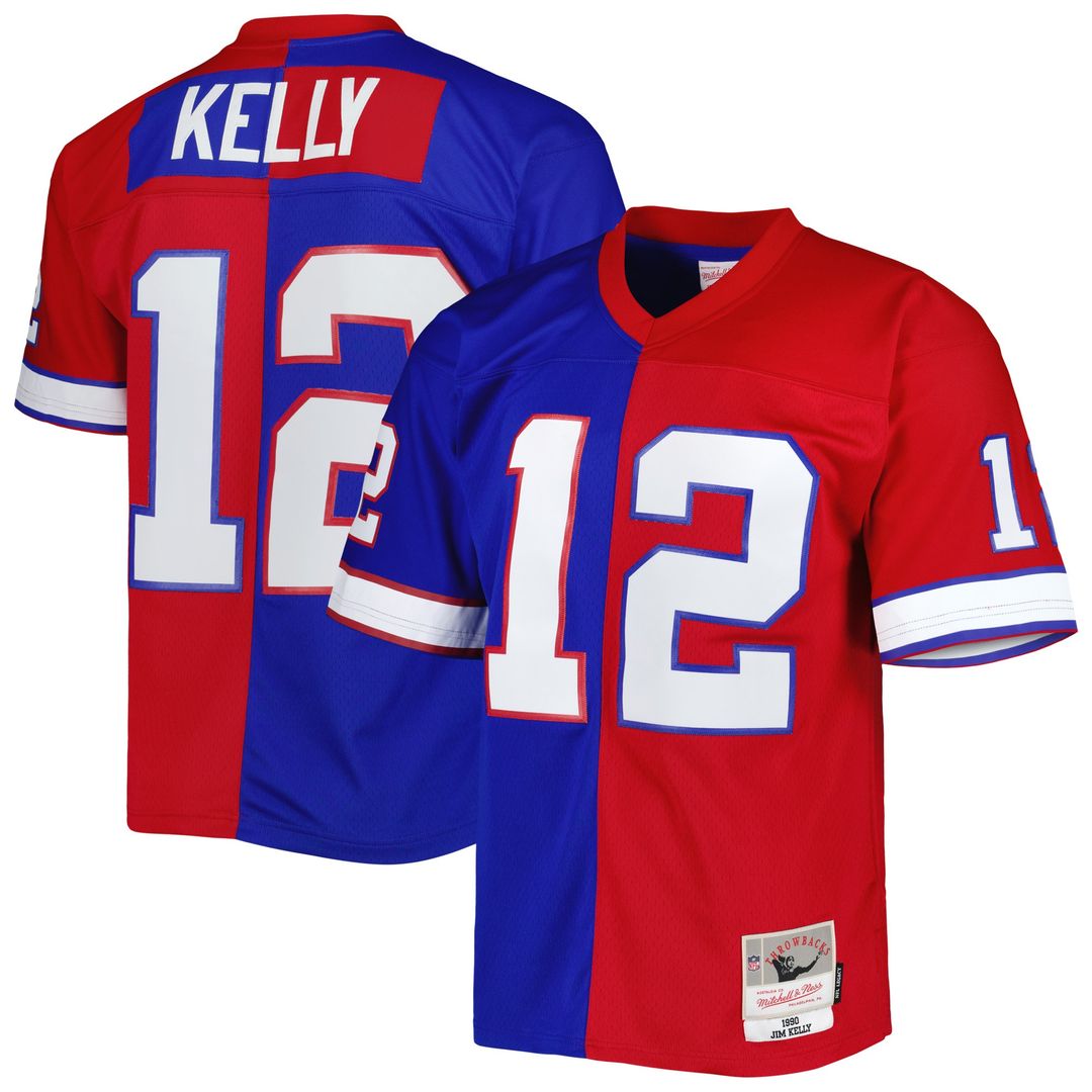 Jim Kelly Buffalo Bills Mitchell & Ness 1990 Split Legacy Replica Jersey - Royal/Red Official NFL Team Apparel Football Fan Gear