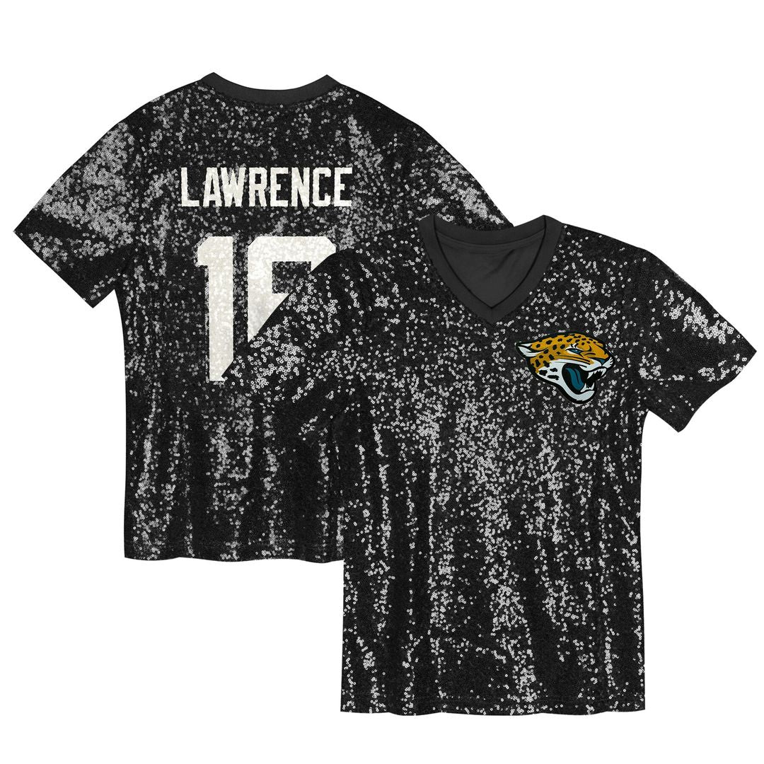 Trevor Lawrence Jacksonville Jaguars Girls Youth Sequin V-Neck Fashion Jersey - Black Official NFL Team Apparel Football Fan Gear