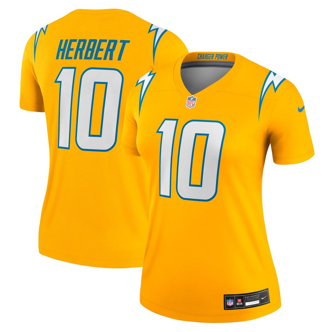 Justin Herbert Los Angeles Chargers Nike Women's Alternate Charger Power Legend Player Performance Top - Gold NFL Fan Gear Popular Style