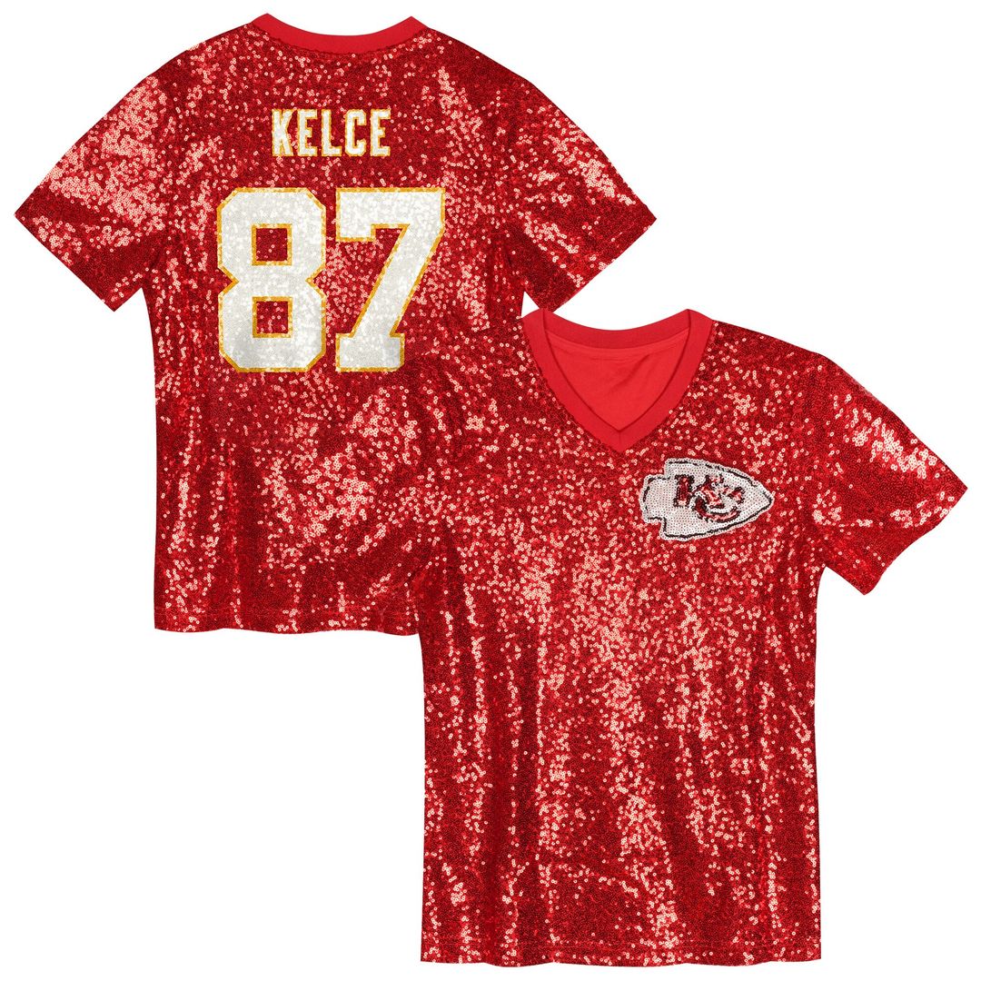 Travis Kelce Kansas City Chiefs Girls Youth Sequin V-Neck Fashion Jersey - Red Official NFL Team Apparel Football Fan Gear