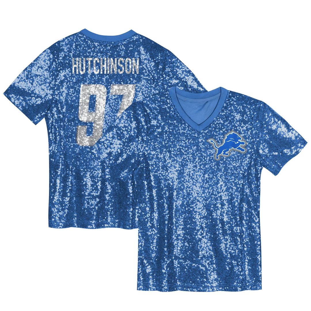 Aidan Hutchinson Detroit Lions Girls Youth Sequin V-Neck Fashion Jersey - Blue Official NFL Team Apparel Football Fan Gear
