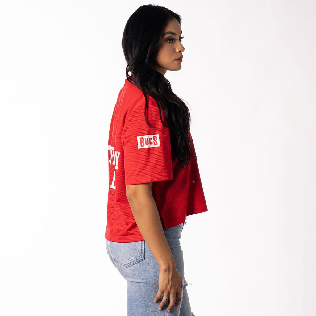 Tampa Bay Buccaneers The Wild Collective Women's Alternate V-Neck Fashion Jersey T-Shirt - Red Official NFL Team Apparel Football Fan Gear