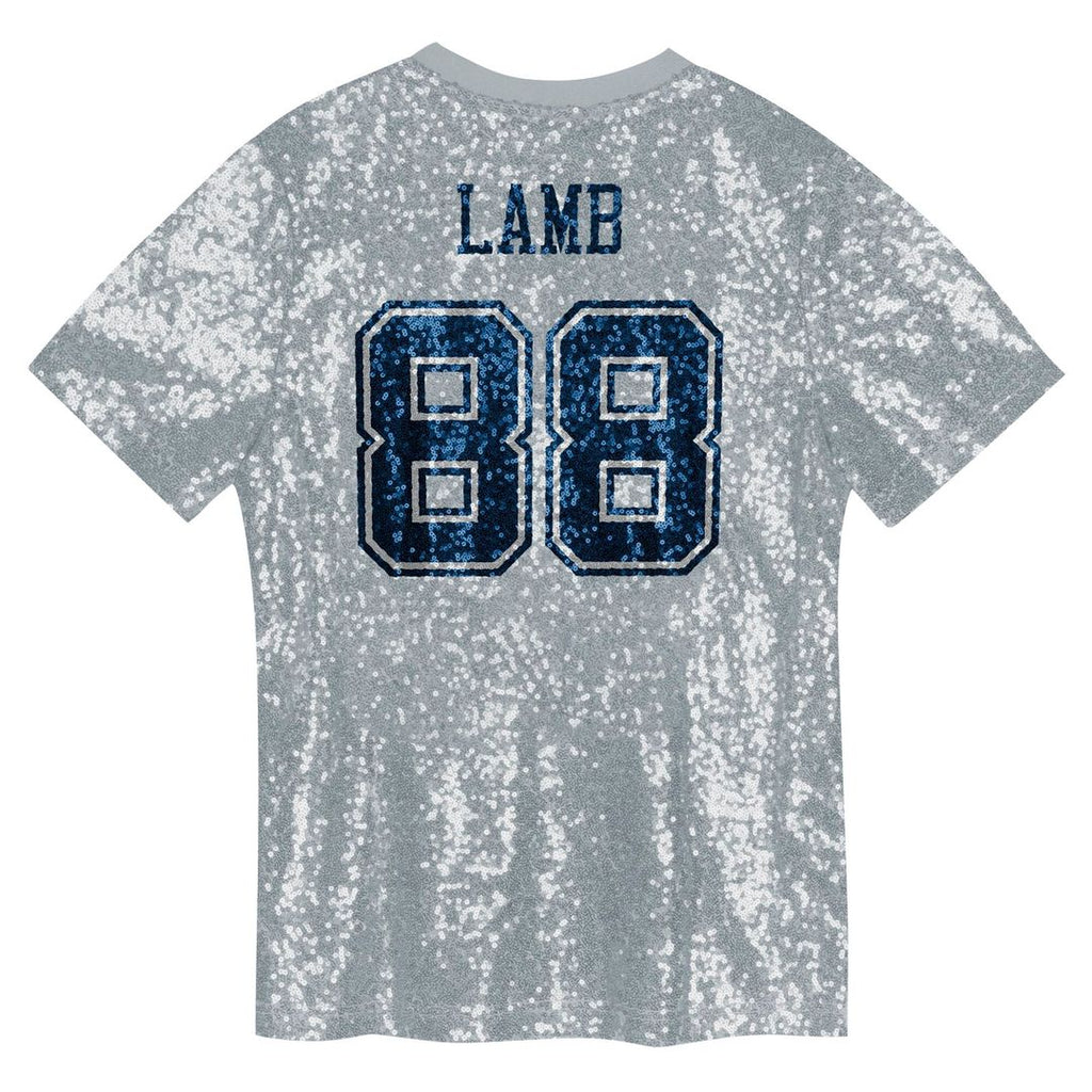 CeeDee Lamb Dallas Cowboys Girls Youth Sequin V-Neck Fashion Jersey - Silver Official NFL Team Apparel Football Fan Gear