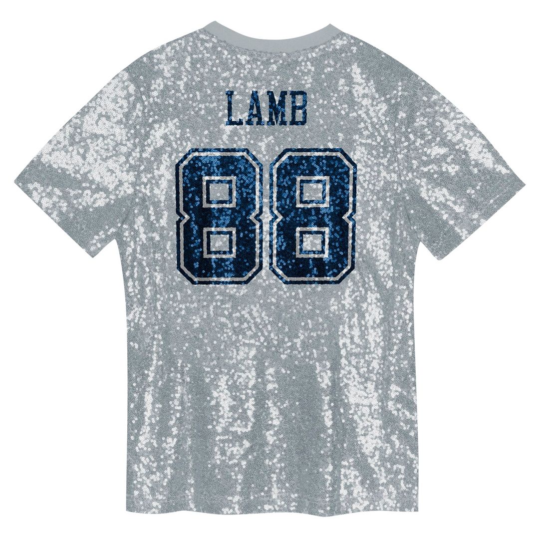 CeeDee Lamb Dallas Cowboys Girls Youth Sequin V-Neck Fashion Jersey - Silver Official NFL Team Apparel Football Fan Gear