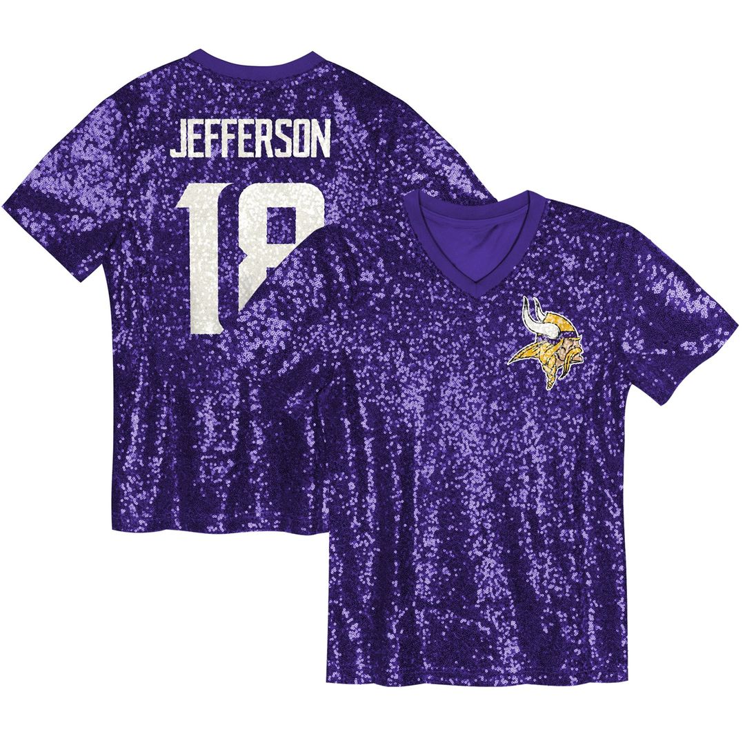 Justin Jefferson Minnesota Vikings Girls Youth Sequin V-Neck Fashion Jersey - Purple Official NFL Team Apparel Football Fan Gear