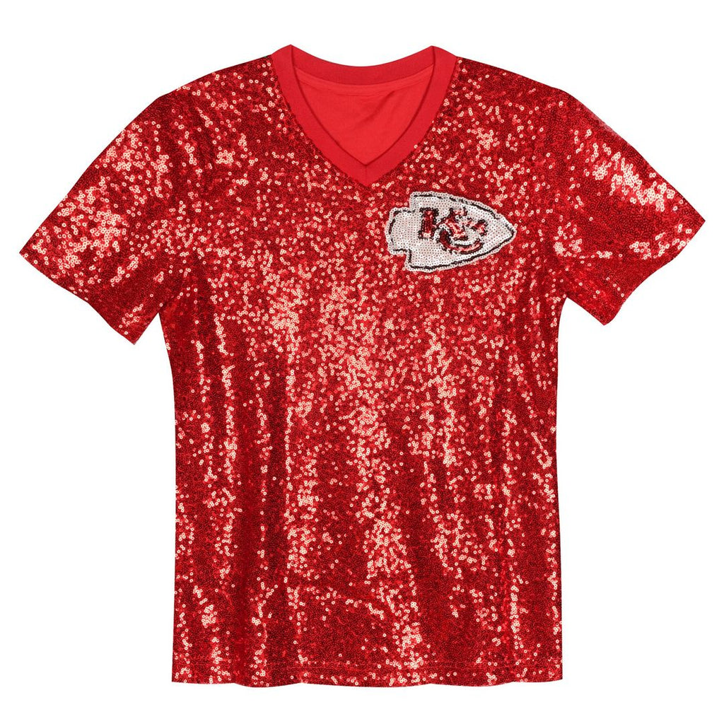 Travis Kelce Kansas City Chiefs Girls Youth Sequin V-Neck Fashion Jersey - Red Official NFL Team Apparel Football Fan Gear